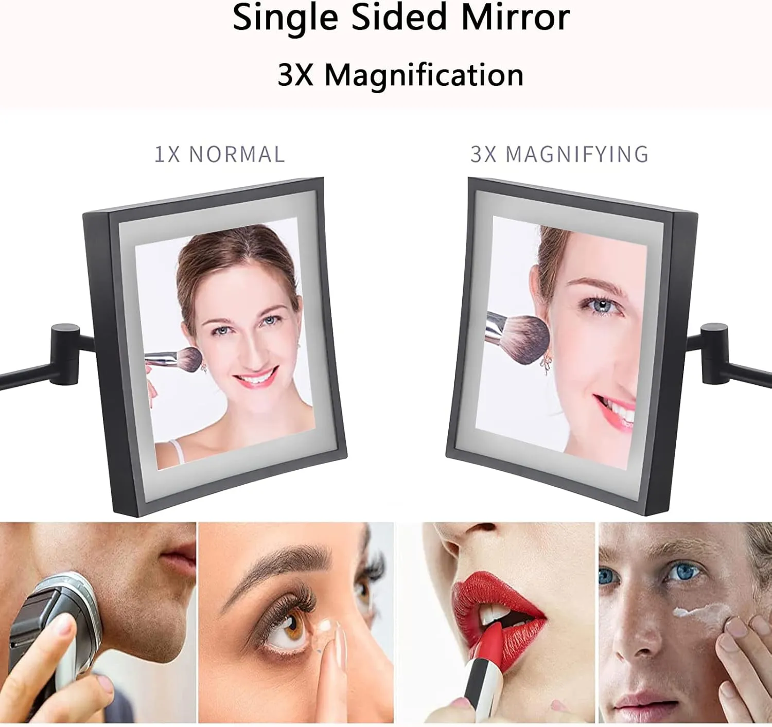 HUHJYUGE Square LED Makeup Mirror and 3X Magnification Wall Mounted, Wall-Mounted Vanity Mirrors with Lamp, Bathroom Shaving Mirror with Folding Arm (ORB Concealed)