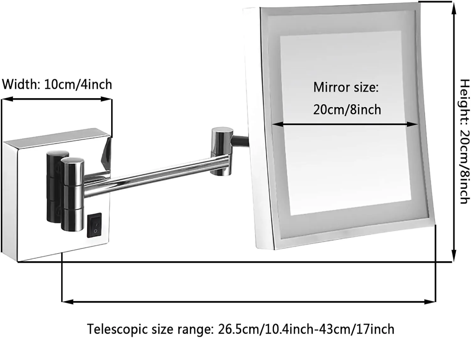 HUHJYUGE Square LED Makeup Mirror and 3X Magnification Wall Mounted, Wall-Mounted Vanity Mirrors with Lamp, Bathroom Shaving Mirror with Folding Arm (ORB Concealed)