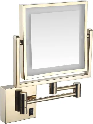 HUHJYUGE Wall-Mounted Square Makeup Mirror with Lamp Rechargeable, Led Cosmetic Mirror Wall Mounted 1x/3x Magnification, Bathroom Shaving Mirror with Extendable Arm 360° Swivel (Gold Charge)