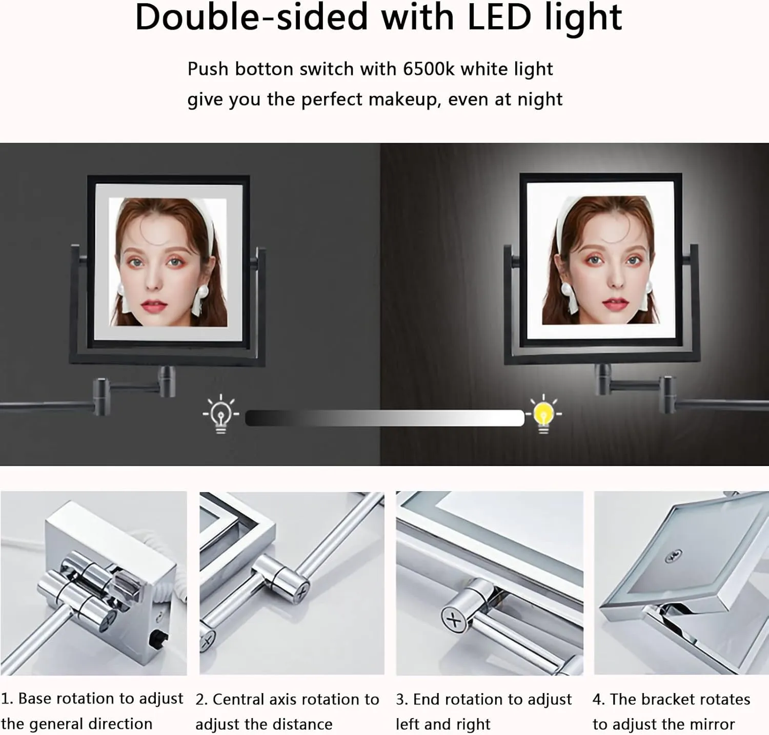 HUHJYUGE Wall-Mounted Square Makeup Mirror with Lamp Rechargeable, Led Cosmetic Mirror Wall Mounted 1x/3x Magnification, Bathroom Shaving Mirror with Extendable Arm 360° Swivel (Gold Charge)