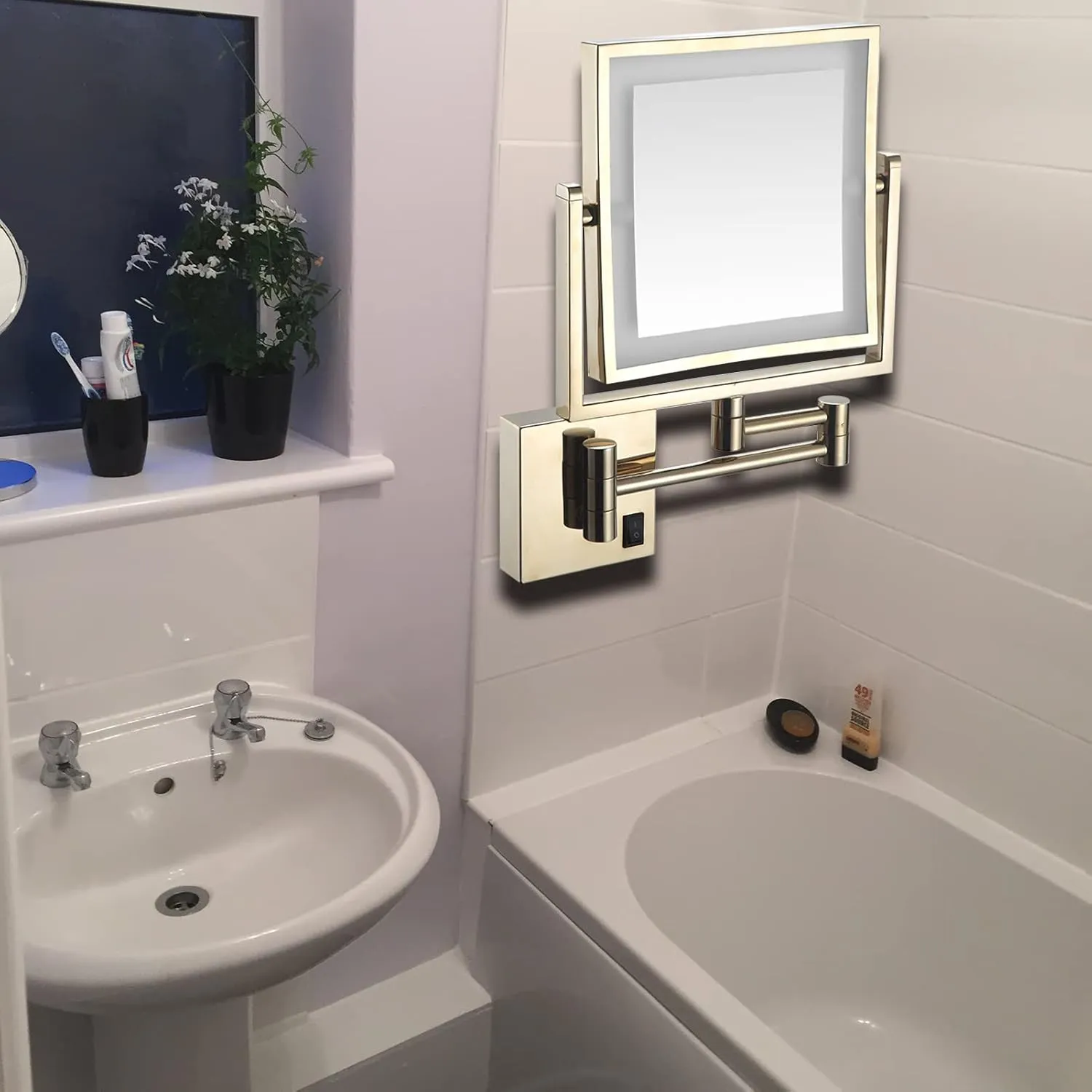 HUHJYUGE Wall-Mounted Square Makeup Mirror with Lamp Rechargeable, Led Cosmetic Mirror Wall Mounted 1x/3x Magnification, Bathroom Shaving Mirror with Extendable Arm 360° Swivel (Gold Charge)