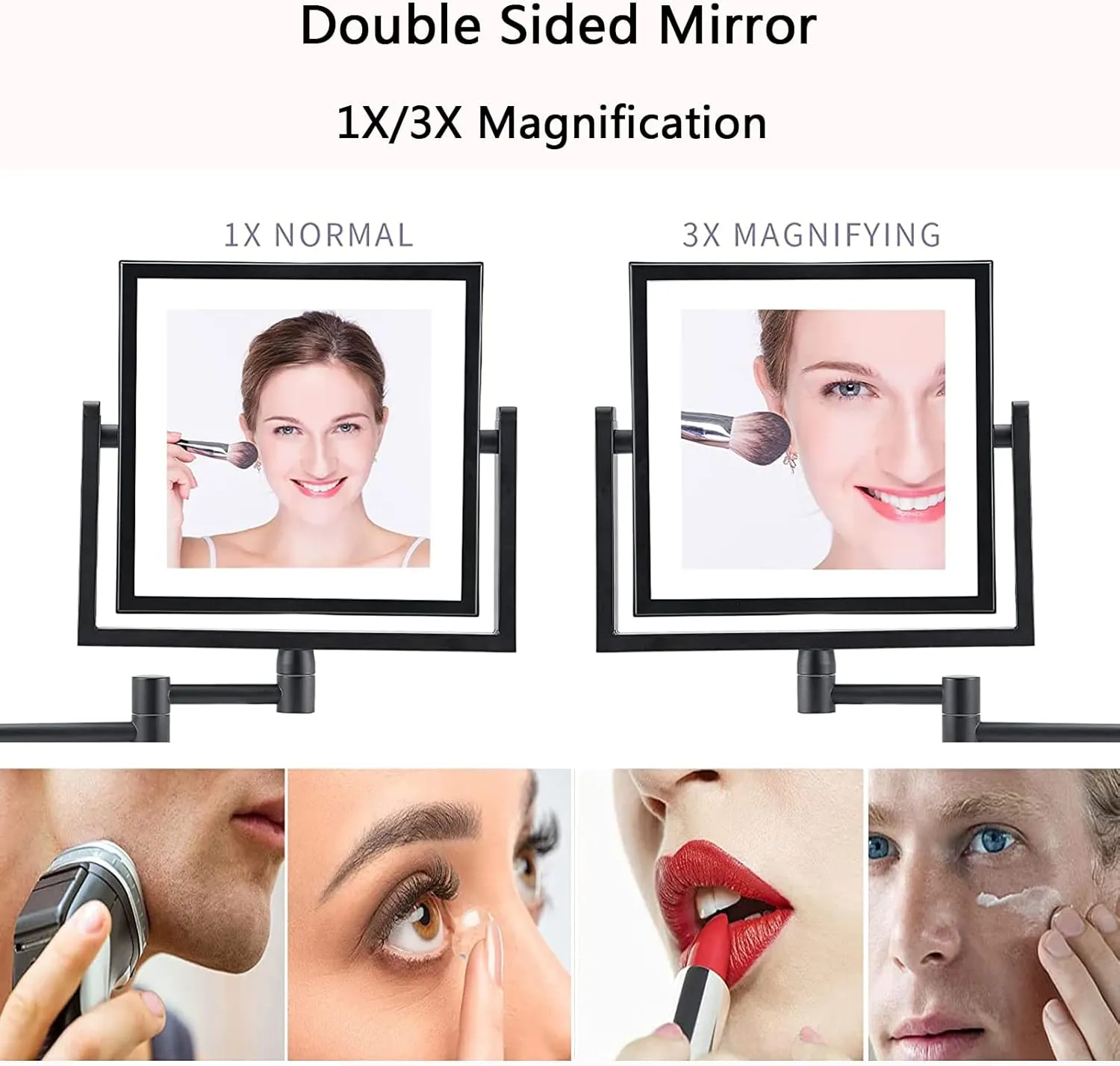 HUHJYUGE Wall-Mounted Square Makeup Mirror with Lamp Rechargeable, Led Cosmetic Mirror Wall Mounted 1x/3x Magnification, Bathroom Shaving Mirror with Extendable Arm 360° Swivel (Gold Charge)