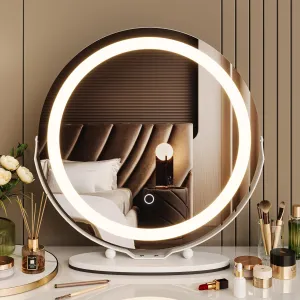 IDEALHOUSE 2024 New 19 Inch HD Vanity Mirror with LED Lights, 3 Color Lighting Modes Makeup Mirror with Touch Control, Round Desk Mirror, 360°Rotation, for Bedroom Tabletop, Easy to Install (White)