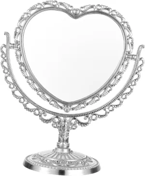 IMIKEYA Heart Shaped Double-Sided Tabletop Mirror - Silver Vanity Makeup Mirror for Bedroom and Bathroom