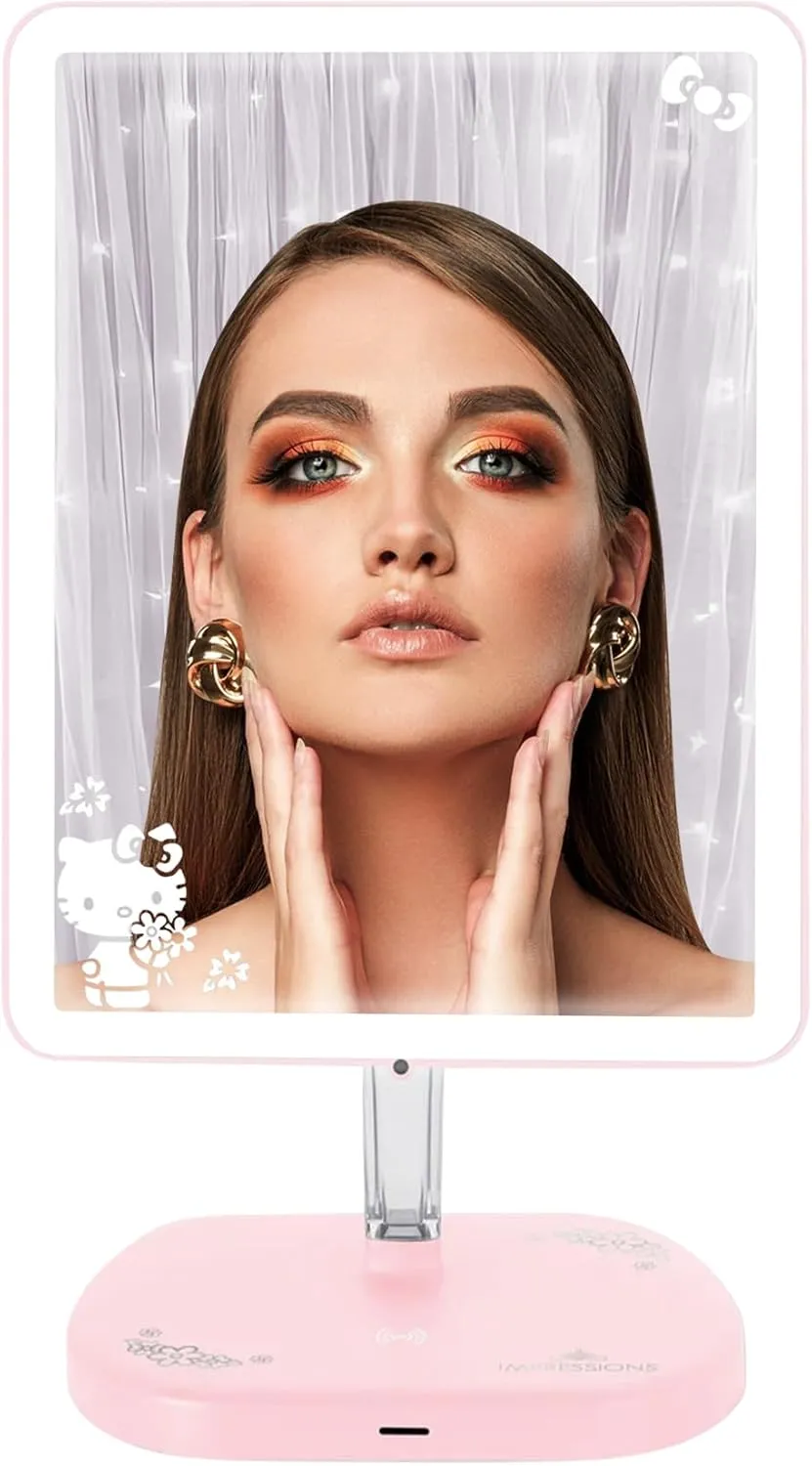Impressions Vanity Hello Kitty Touch Pro 2.0 LED Makeup Mirror, 360 Degree Swivel Desk Mirror with Tri Tone Lighting, Adjustable Brightness, Touch Control, Build in Speaker and Microphone (Pink)