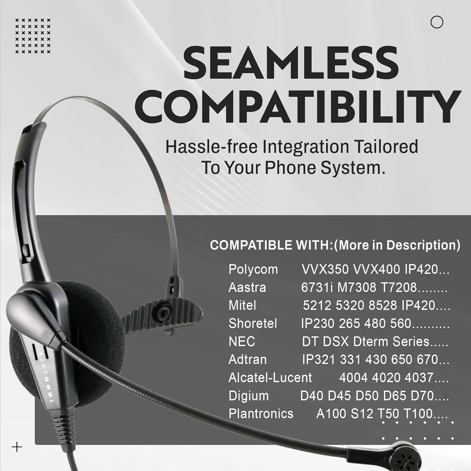 INNOTALK Classic Mono Office Phone Headset & QD Pigtail Adapter with Noise-Canceling Mic for Polycom, Mitel, and Many Models' Desk Phone