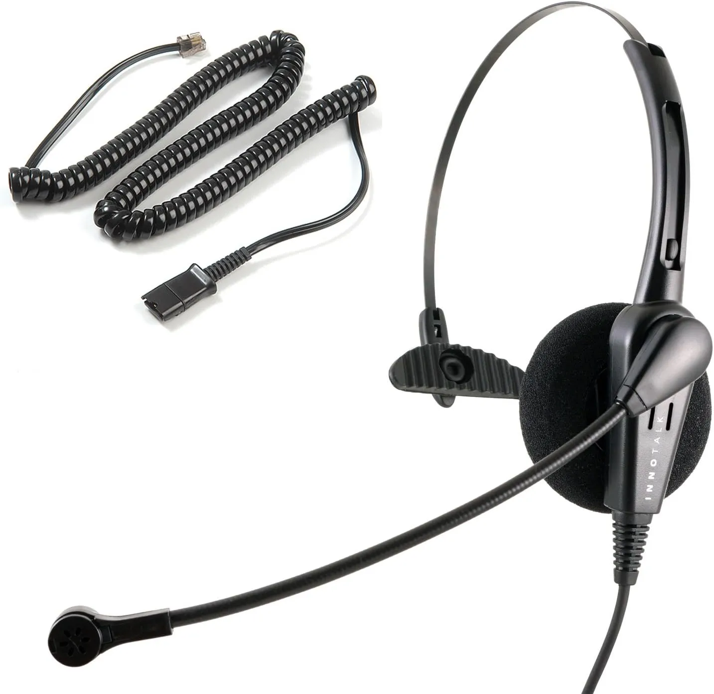 INNOTALK Classic Mono Office Phone Headset & QD Pigtail Adapter with Noise-Canceling Mic for Polycom, Mitel, and Many Models' Desk Phone