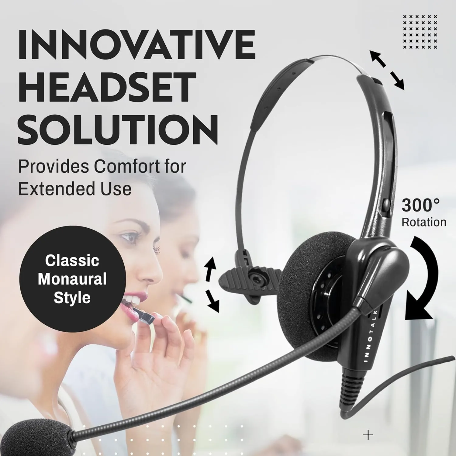INNOTALK Classic Mono Office Phone Headset & QD Pigtail Adapter with Noise-Canceling Mic for Polycom, Mitel, and Many Models' Desk Phone
