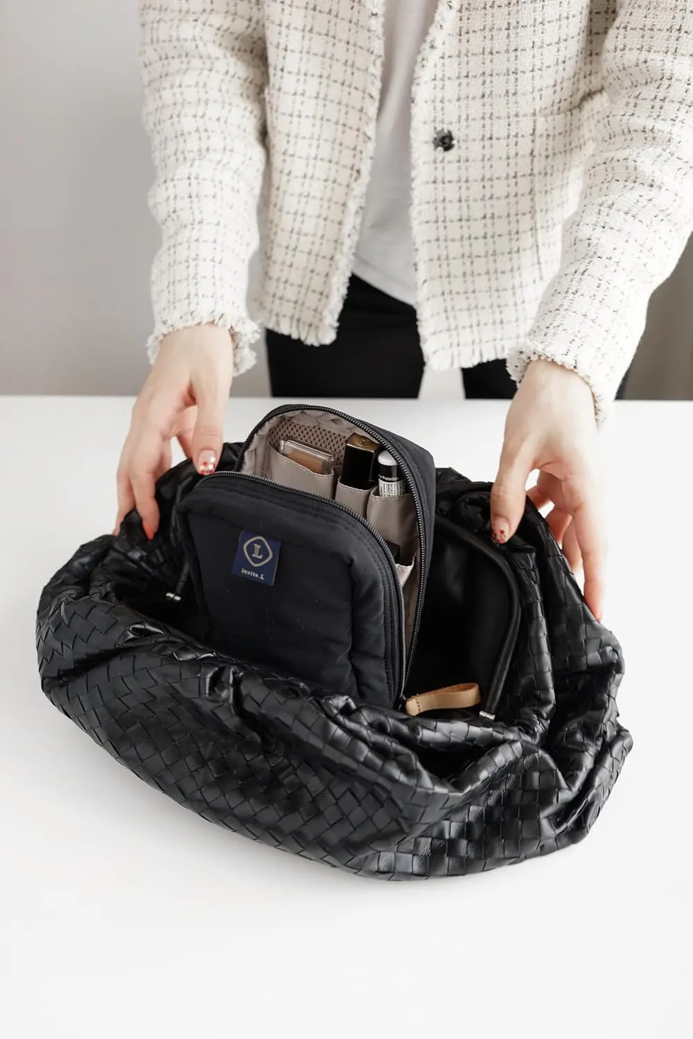 Invite.L Medium Size Stand Up Cosmetic Bag Organized Pockets Wide Open Organizer for Makeup Work Essentials Pouch Toiletry Elegant Korean Beauty Storage (Svea Blue)