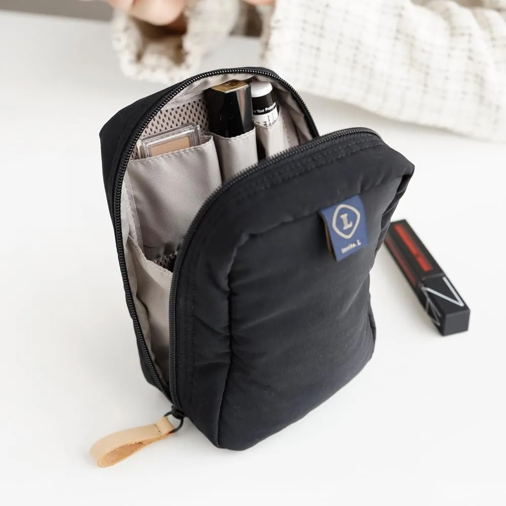 Invite.L Medium Size Stand Up Cosmetic Bag Organized Pockets Wide Open Organizer for Makeup Work Essentials Pouch Toiletry Elegant Korean Beauty Storage (Svea Blue)