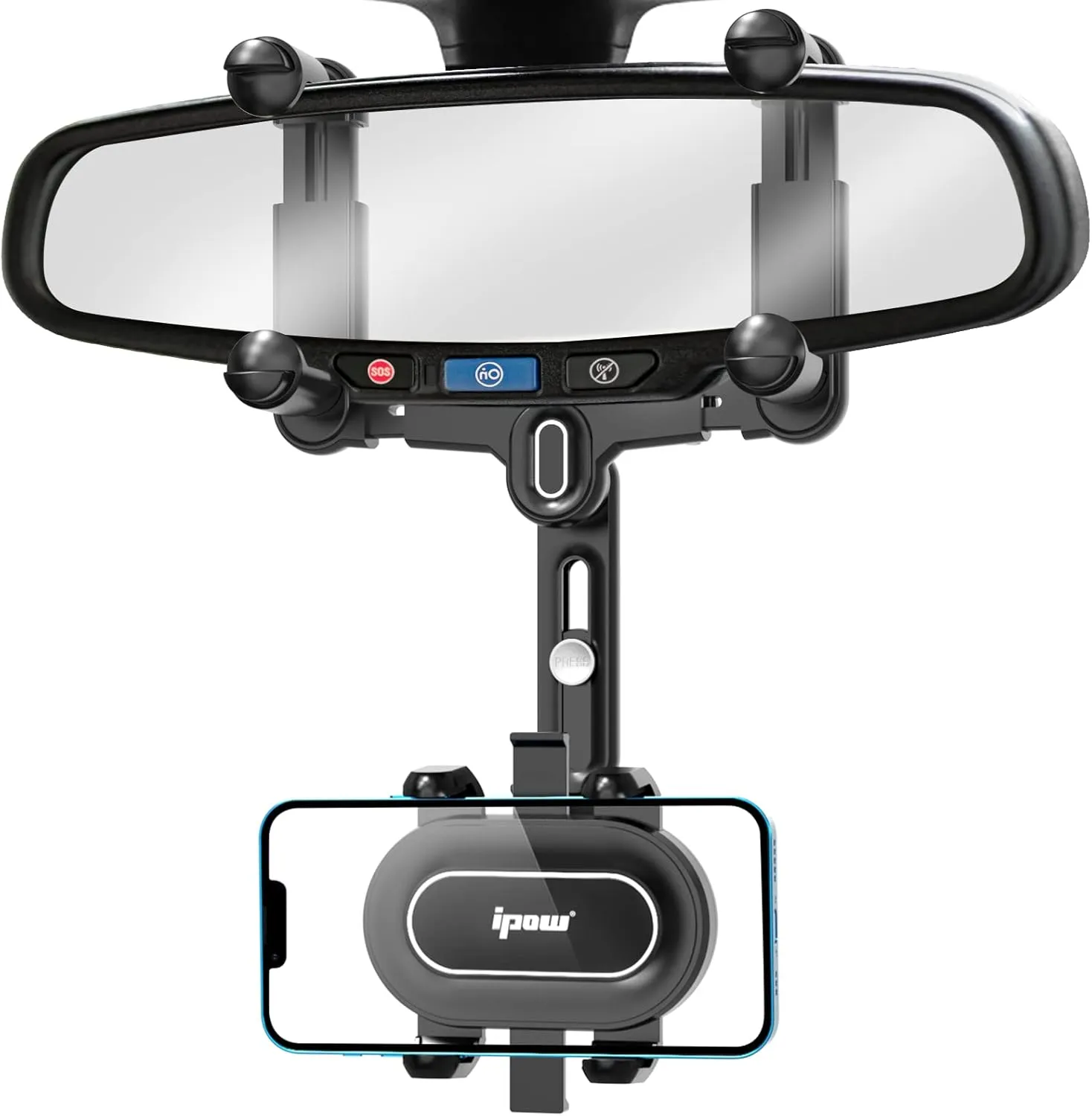 IPOW Large Rearview Mirror Phone Holder for Car 360°Rotatable and Retractable, 2023 Upgraded Four Corners Fixed Anti-Shake Multifunctional Design for Car Rearview Mirror with Button