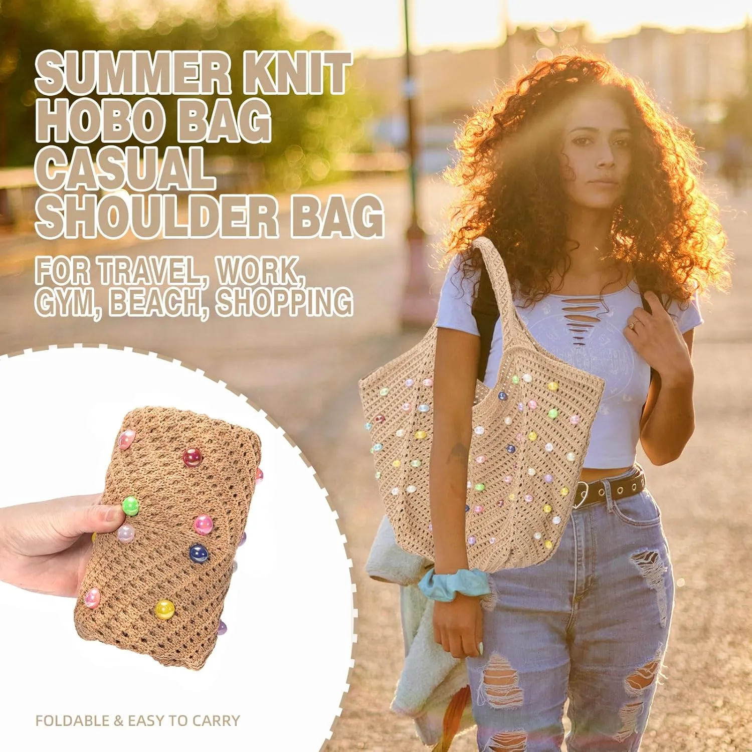 Iqimott Boho Crochet Beach Tote Bag for Women, Summer Knit Hobo Bag Shoulder Bag with Colored Beads, Casual Organizer Handbag