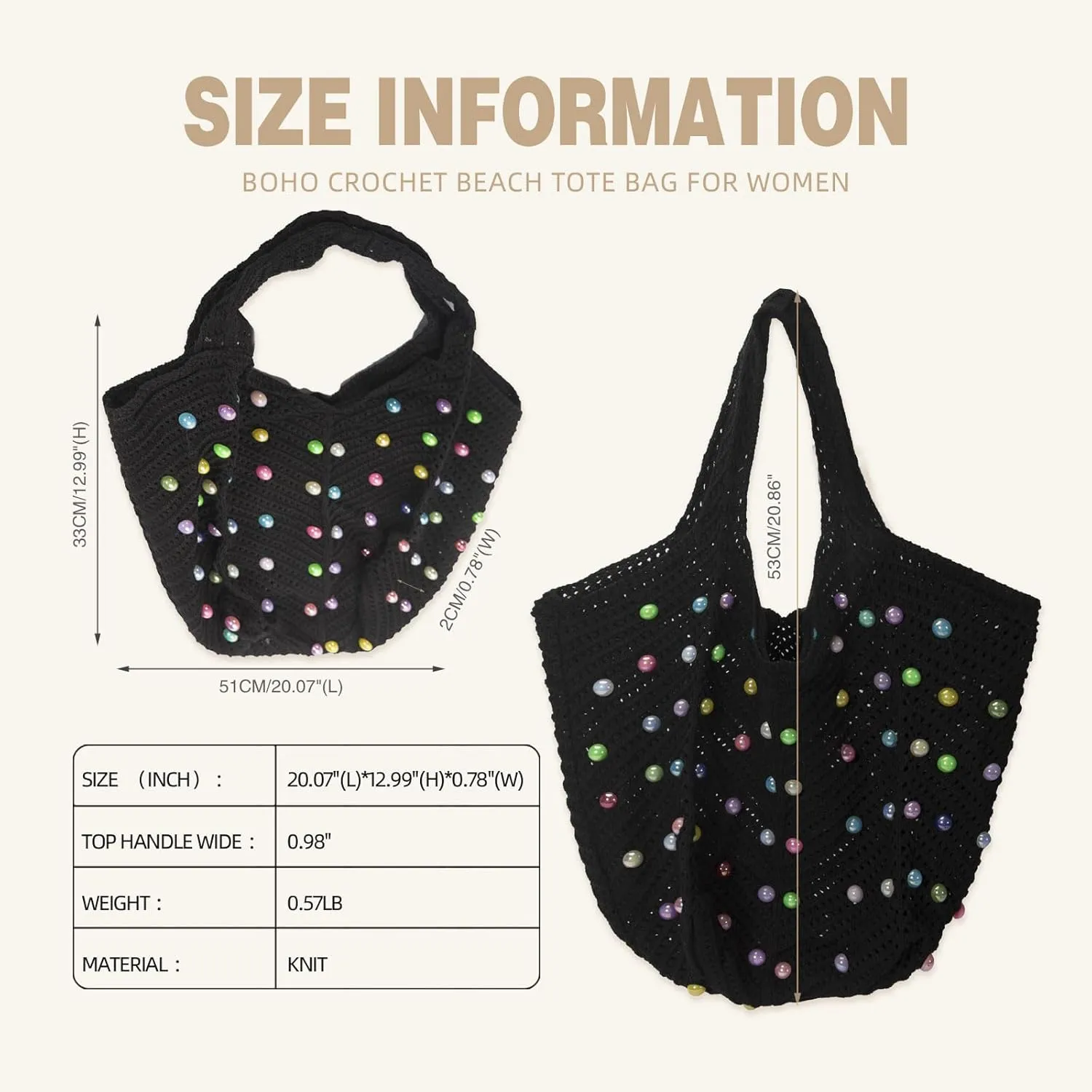 Iqimott Boho Crochet Beach Tote Bag for Women, Summer Knit Hobo Bag Shoulder Bag with Colored Beads, Casual Organizer Handbag