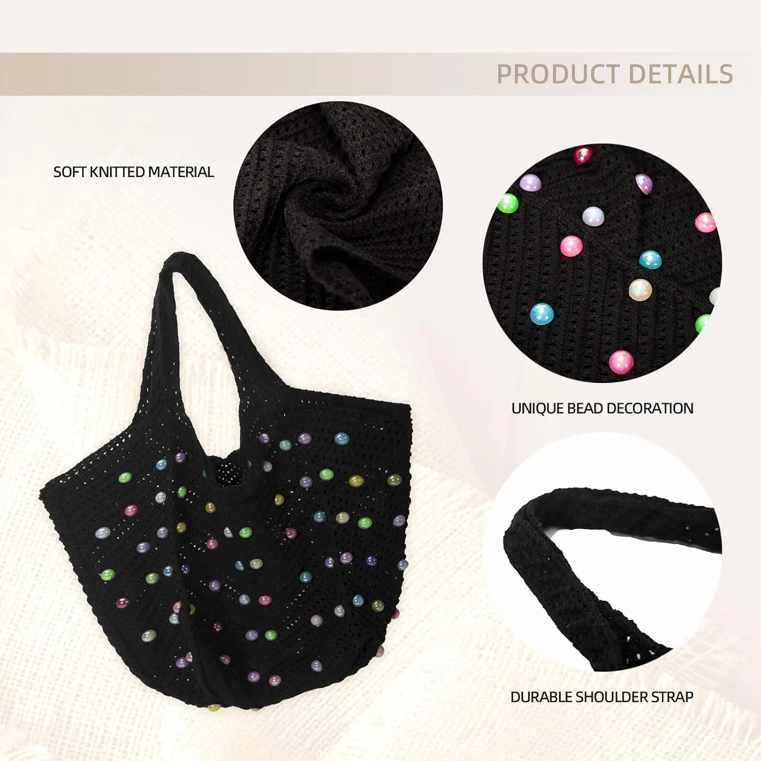Iqimott Boho Crochet Beach Tote Bag for Women, Summer Knit Hobo Bag Shoulder Bag with Colored Beads, Casual Organizer Handbag