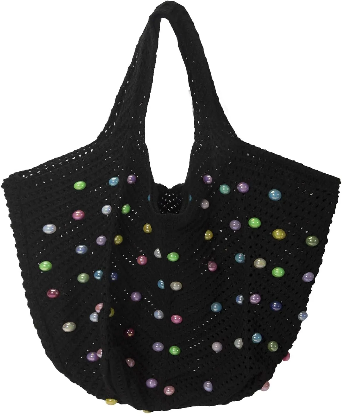 Iqimott Boho Crochet Beach Tote Bag for Women, Summer Knit Hobo Bag Shoulder Bag with Colored Beads, Casual Organizer Handbag