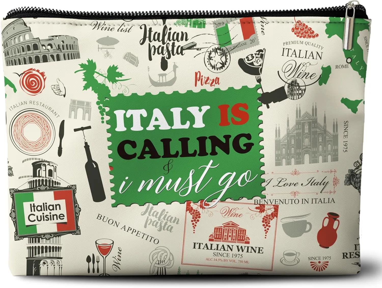 Italy Travel Gifts Bag, Italy is Calling I Must Go, Retro Stamp Italy Organizer Bag. 10x7 Inches