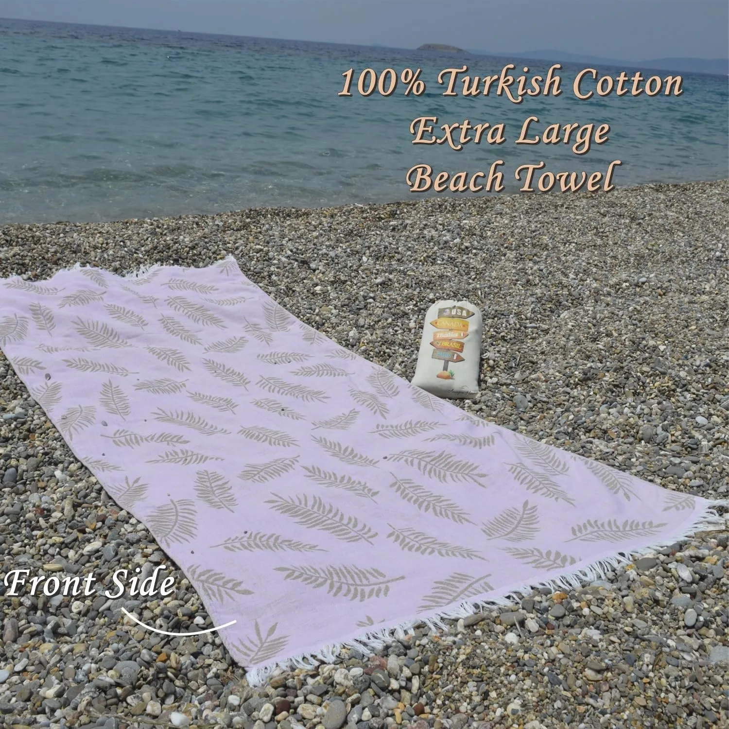Jacquard Turkish Beach Towels, Sand Free, Extra Large, 100% Cotton - Fast Drying, Packable with Travel Bag, Leaf Pattern Reversible Peshtemal for Beach, Pool, Gym, Yoga, Bath and SPA (Serenade)
