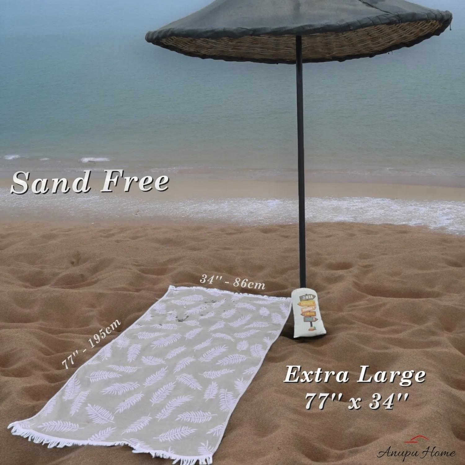 Jacquard Turkish Beach Towels, Sand Free, Extra Large, 100% Cotton - Fast Drying, Packable with Travel Bag, Leaf Pattern Reversible Peshtemal for Beach, Pool, Gym, Yoga, Bath and SPA (Serenade)
