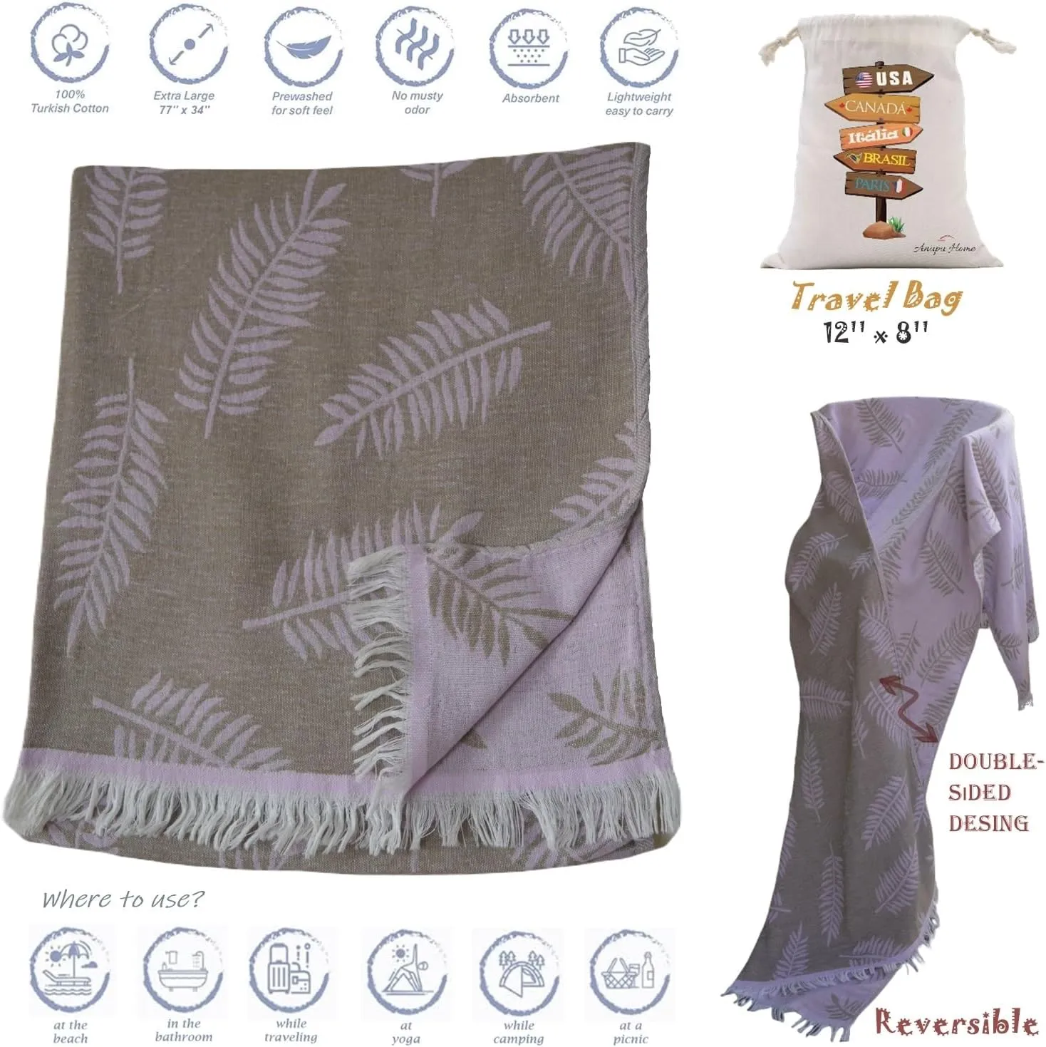 Jacquard Turkish Beach Towels, Sand Free, Extra Large, 100% Cotton - Fast Drying, Packable with Travel Bag, Leaf Pattern Reversible Peshtemal for Beach, Pool, Gym, Yoga, Bath and SPA (Serenade)