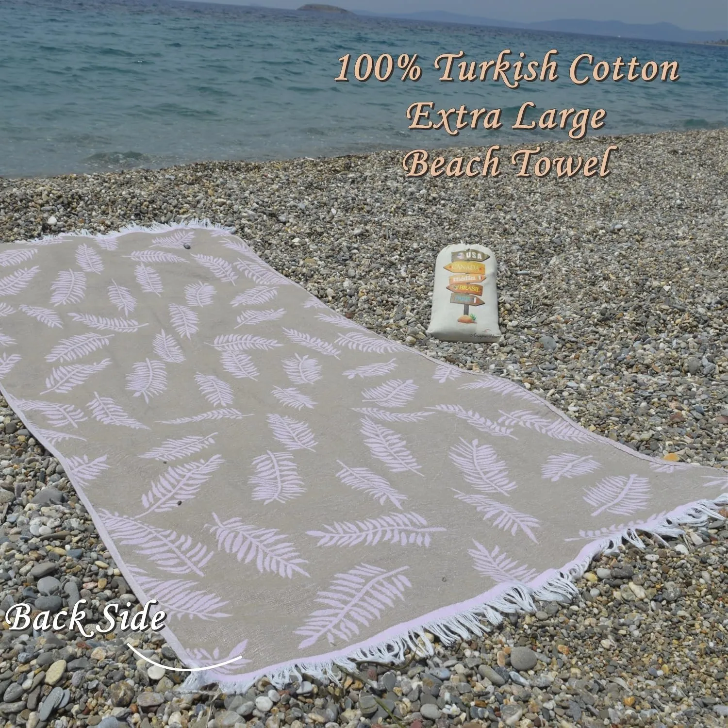 Jacquard Turkish Beach Towels, Sand Free, Extra Large, 100% Cotton - Fast Drying, Packable with Travel Bag, Leaf Pattern Reversible Peshtemal for Beach, Pool, Gym, Yoga, Bath and SPA (Serenade)