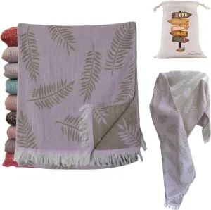 Jacquard Turkish Beach Towels, Sand Free, Extra Large, 100% Cotton - Fast Drying, Packable with Travel Bag, Leaf Pattern Reversible Peshtemal for Beach, Pool, Gym, Yoga, Bath and SPA (Serenade)