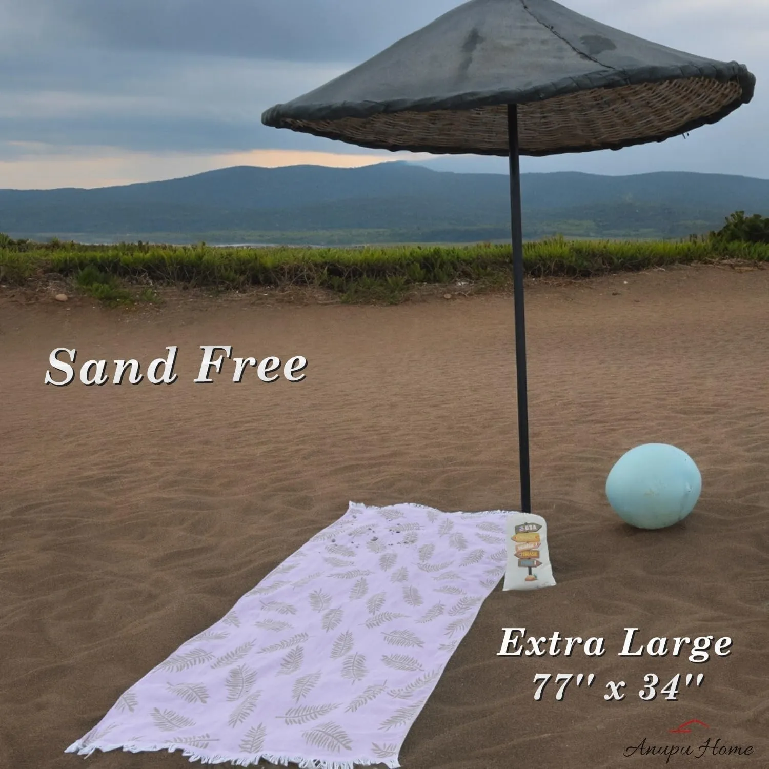 Jacquard Turkish Beach Towels, Sand Free, Extra Large, 100% Cotton - Fast Drying, Packable with Travel Bag, Leaf Pattern Reversible Peshtemal for Beach, Pool, Gym, Yoga, Bath and SPA (Serenade)
