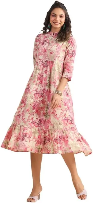 Janasya Women's Pink Pure Cotton Gathered Abstract Print Casual wear Trendy Dress for Women