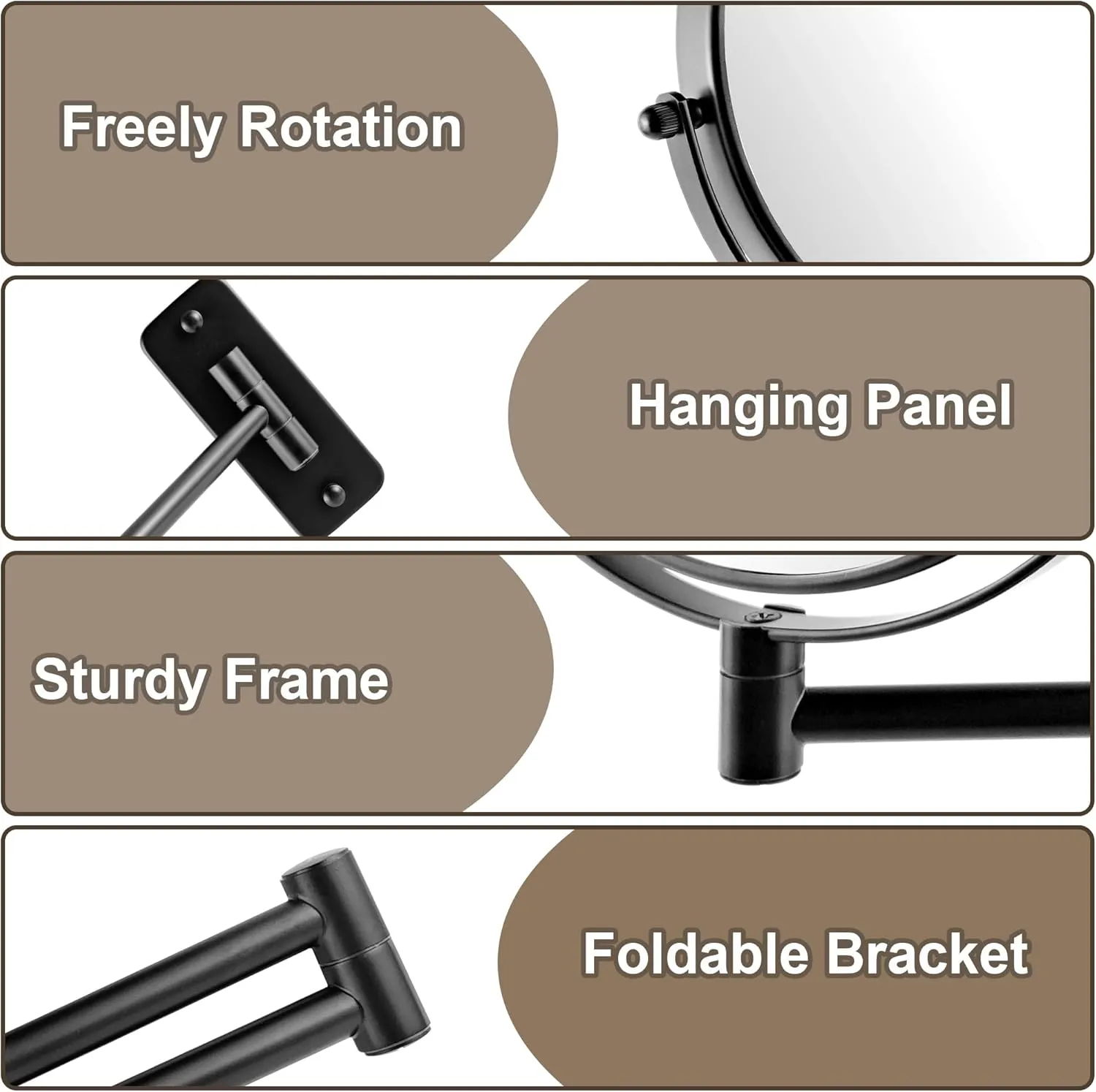 JANEEVA 8" Wall Mounted Makeup Mirror, 1X/10X Magnifying Mirror with 360° Extendable Arm, Double Sided Bathroom Vanity Mirror for Man & Woman (Matte Black)