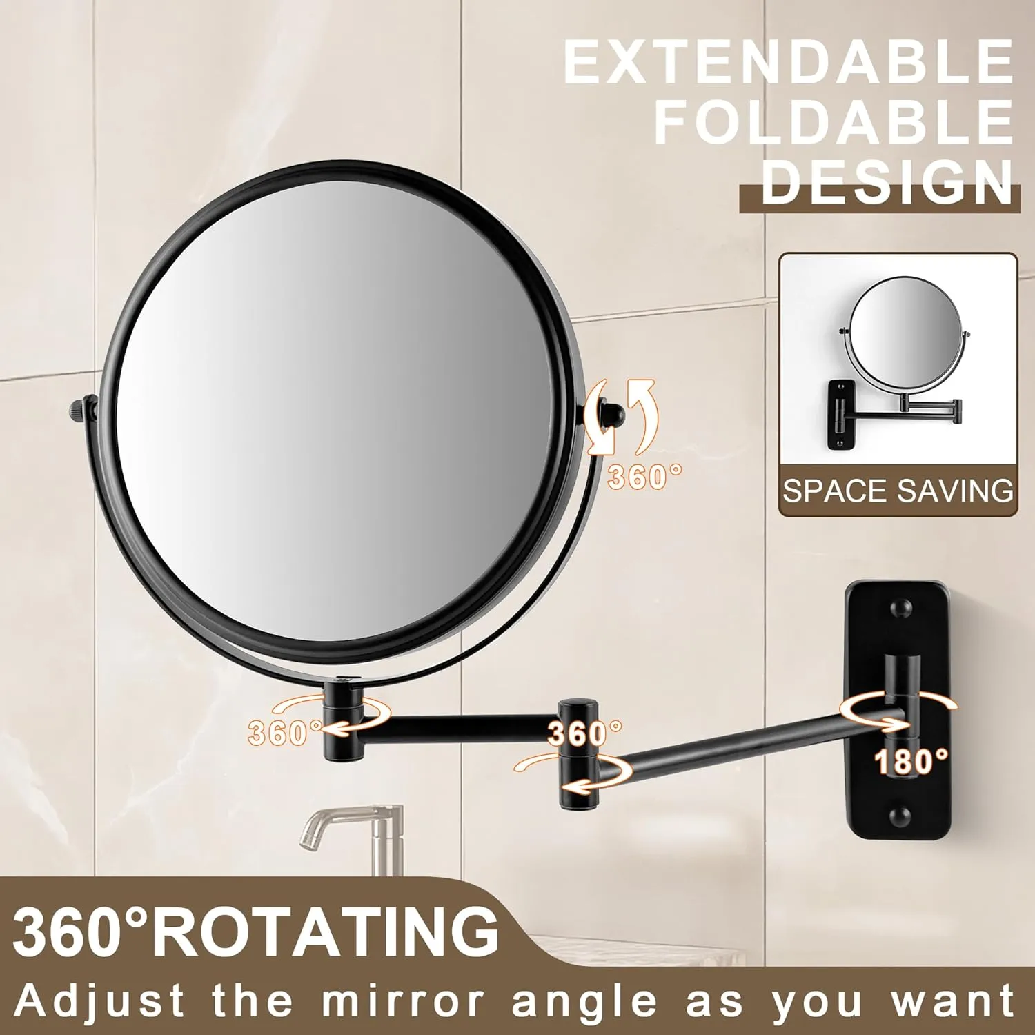 JANEEVA 8" Wall Mounted Makeup Mirror, 1X/10X Magnifying Mirror with 360° Extendable Arm, Double Sided Bathroom Vanity Mirror for Man & Woman (Matte Black)