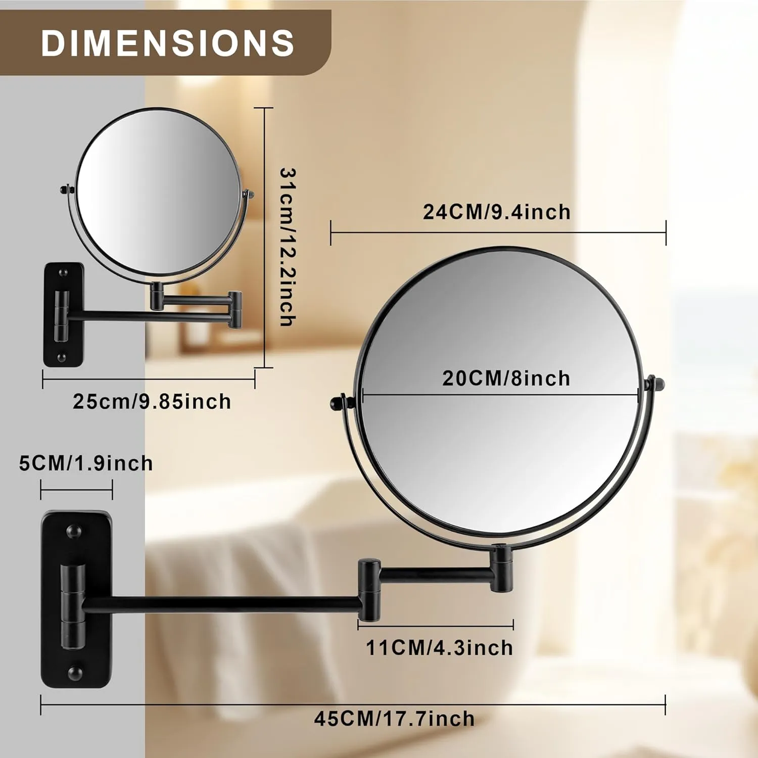 JANEEVA 8" Wall Mounted Makeup Mirror, 1X/10X Magnifying Mirror with 360° Extendable Arm, Double Sided Bathroom Vanity Mirror for Man & Woman (Matte Black)
