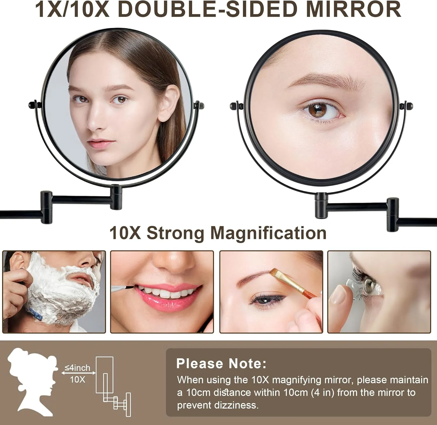JANEEVA 8" Wall Mounted Makeup Mirror, 1X/10X Magnifying Mirror with 360° Extendable Arm, Double Sided Bathroom Vanity Mirror for Man & Woman (Matte Black)