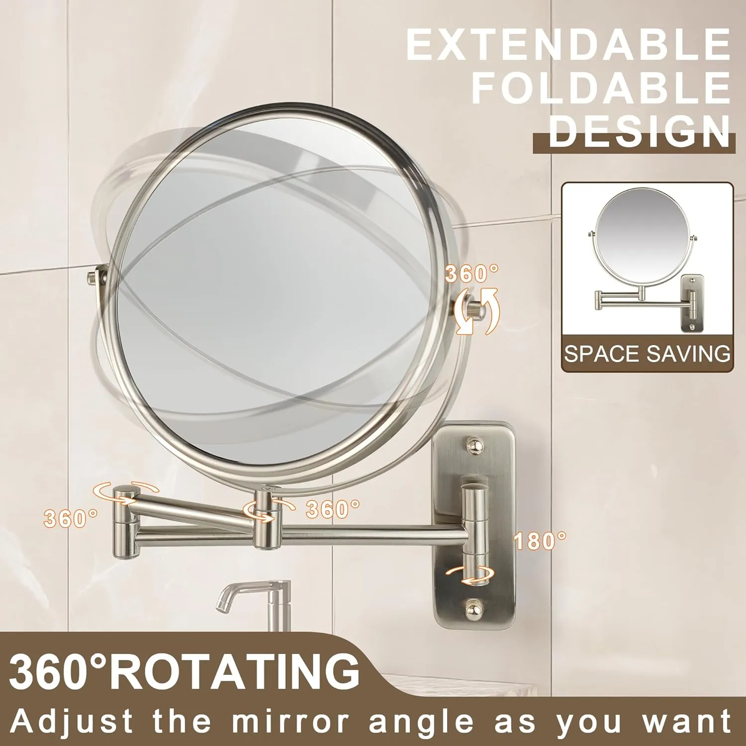 JANEEVA 8" Wall Mounted Makeup Mirror, 1X/10X Magnifying Mirror with 360° Extendable Arm Mirror for Bathroom-Double Sided Vanity Mirror for Man & Woman (Brushed Nickel)