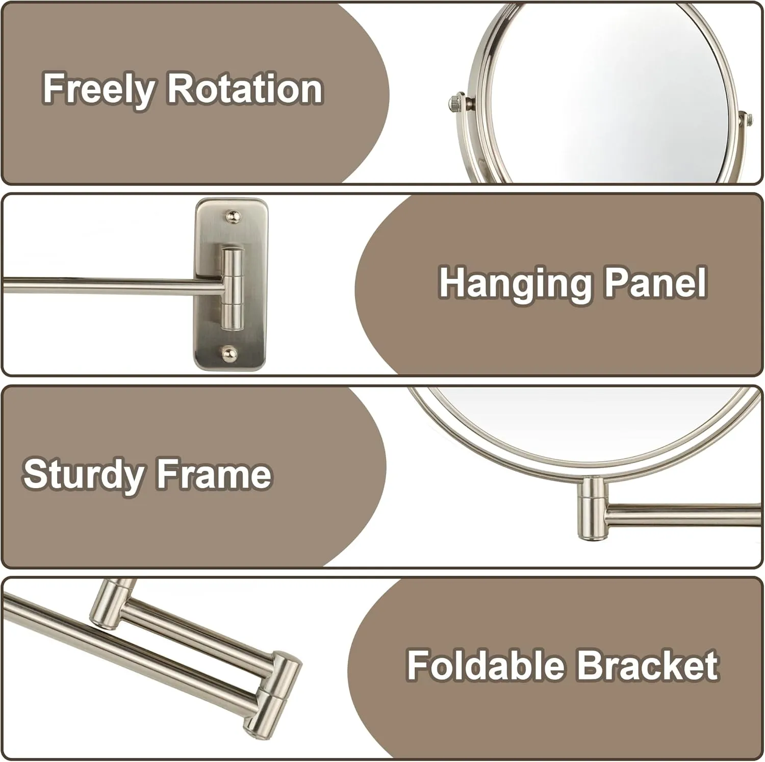 JANEEVA 8" Wall Mounted Makeup Mirror, 1X/10X Magnifying Mirror with 360° Extendable Arm Mirror for Bathroom-Double Sided Vanity Mirror for Man & Woman (Brushed Nickel)