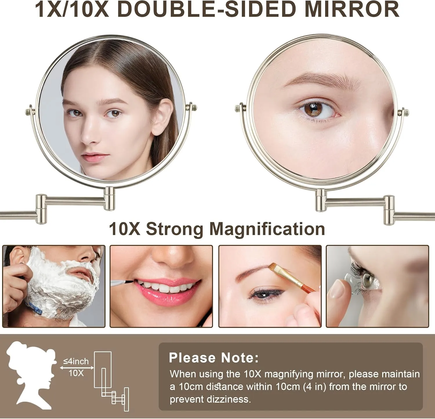 JANEEVA 8" Wall Mounted Makeup Mirror, 1X/10X Magnifying Mirror with 360° Extendable Arm Mirror for Bathroom-Double Sided Vanity Mirror for Man & Woman (Brushed Nickel)