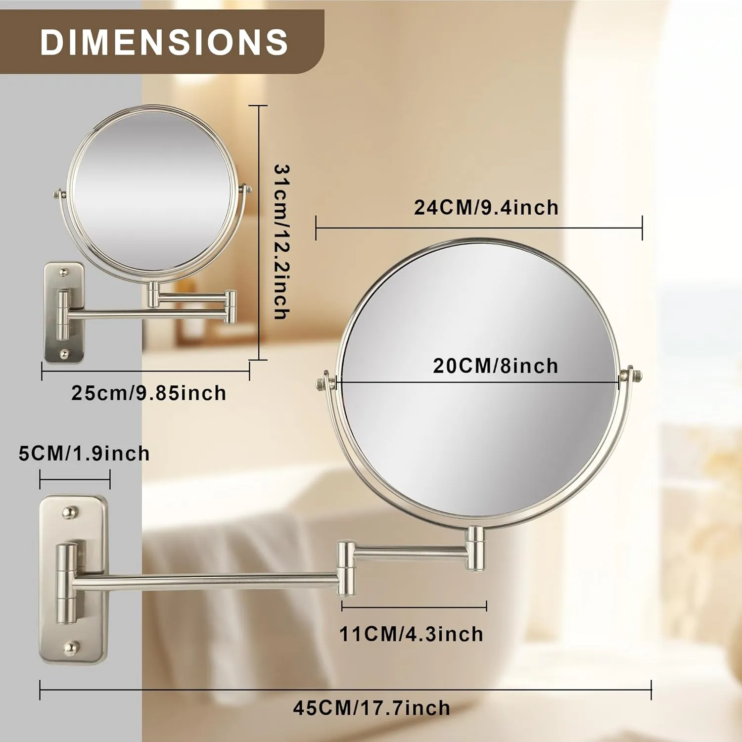 JANEEVA 8" Wall Mounted Makeup Mirror, 1X/10X Magnifying Mirror with 360° Extendable Arm Mirror for Bathroom-Double Sided Vanity Mirror for Man & Woman (Brushed Nickel)