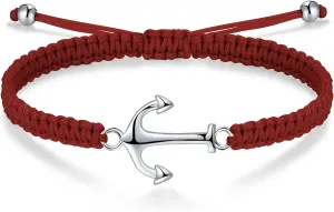 J.Endéar Anchor Bracelet for Women Men, String Rope Bracelet Handmade Braided Adjustable, Sterling Silver 925 Anchor Jewelry Sailor Gift for Unisex, Marron