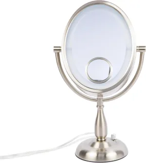 JERDON LED Lighted Tabletop Nickel Finish Makeup Mirror – 10X-1X with 15X Spot Magnification – 8” by 10” Oval Design Vanity Mirror – Variable Light Settings – Power Cord and Plug – Model HL9510NL