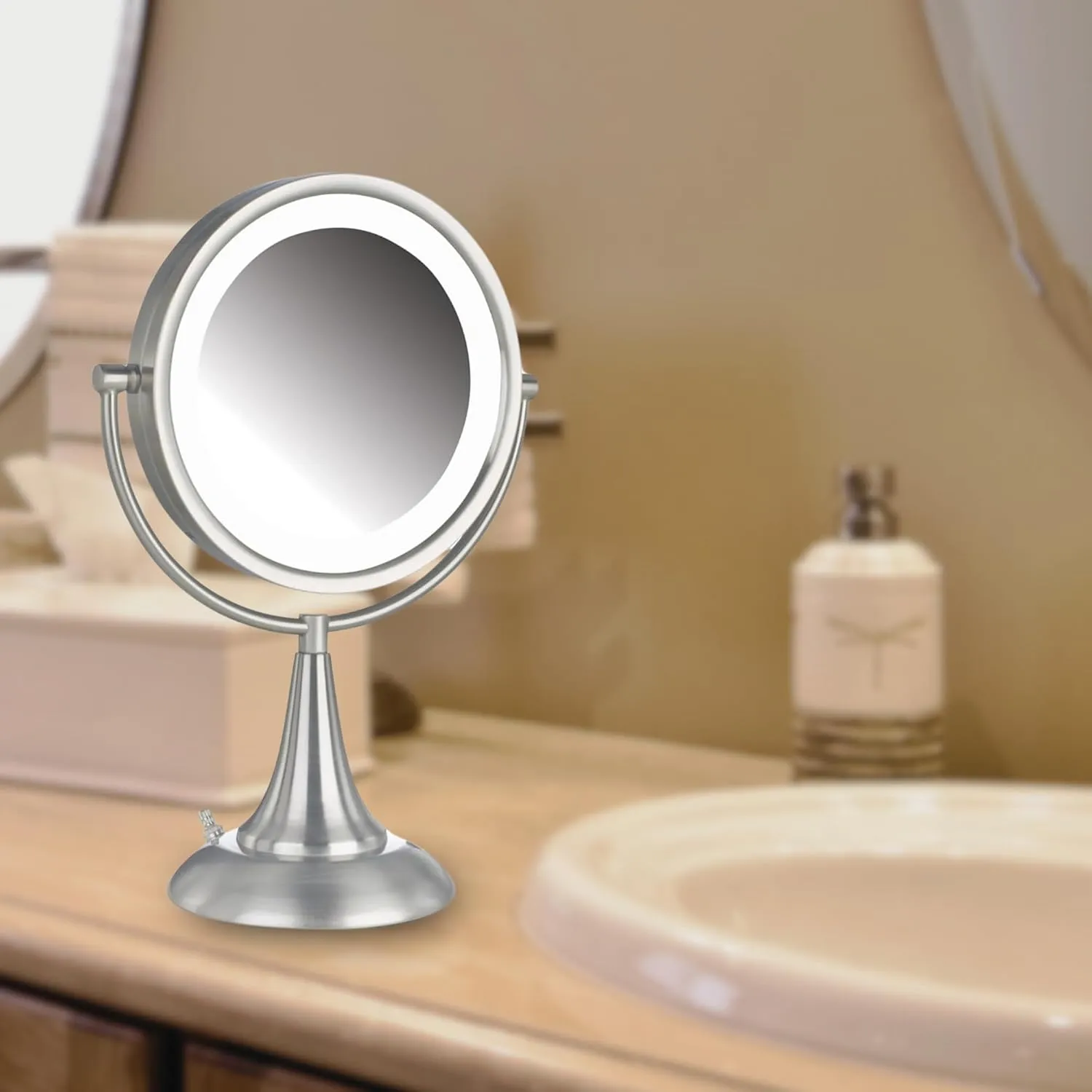 JERDON Lighted Tabletop Makeup Mirror - Halo Lighted Makeup Mirror with 1X and 8X Magnification in Nickel Finish - 8.5-Inch Diameter Vanity Mirror - Model HL8510NL