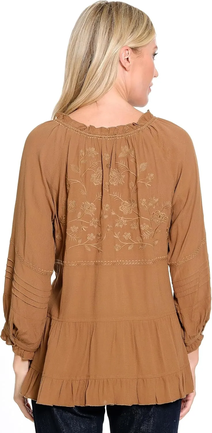 john mark Women's Embroidered Tie Front Ruffle Tiered Top with Raglan Three Quarters Sleeves
