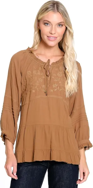 john mark Women's Embroidered Tie Front Ruffle Tiered Top with Raglan Three Quarters Sleeves