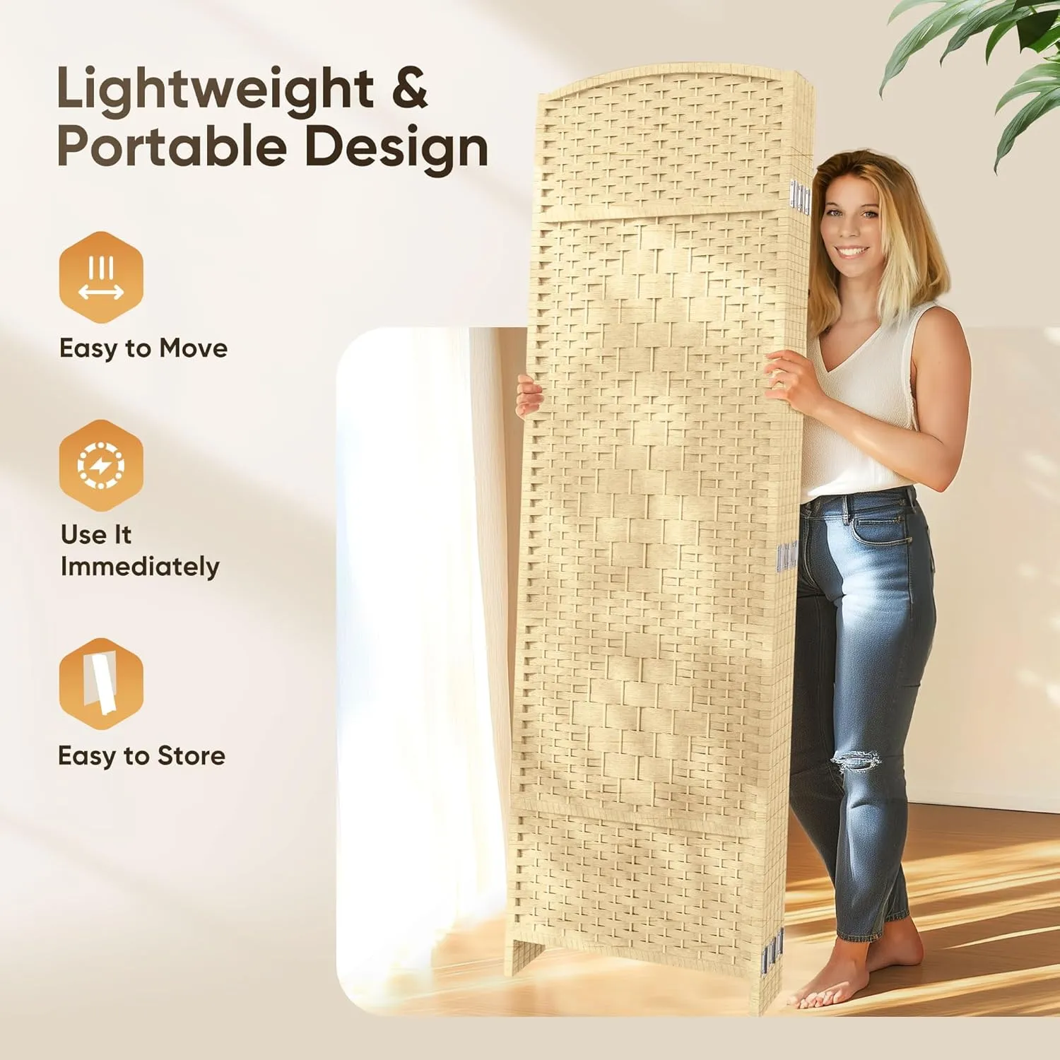 JOSTYLE Room Divider Wall 4 Panel 6FT Room Divider Panel, Privacy Divider Screen for Room Separation, Folding Parition Screen Freestanding for Bedroom Home Office Restaurant, Ivory White