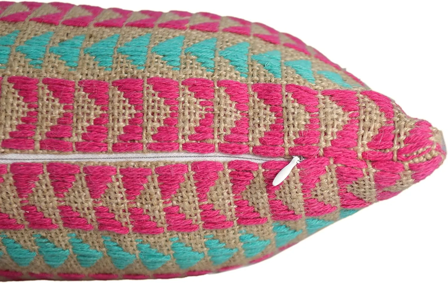 Jute, Hemp and Cotton Vibrant Double Sided Throw Pillow Cover 20x20 Inch Handwoven, Luxurious and Fashionable 1 Piece, Teal, Pink and Beige, Artisan-Support, Natural & Breathable