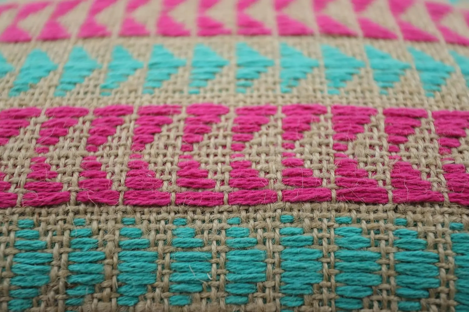 Jute, Hemp and Cotton Vibrant Double Sided Throw Pillow Cover 20x20 Inch Handwoven, Luxurious and Fashionable 1 Piece, Teal, Pink and Beige, Artisan-Support, Natural & Breathable