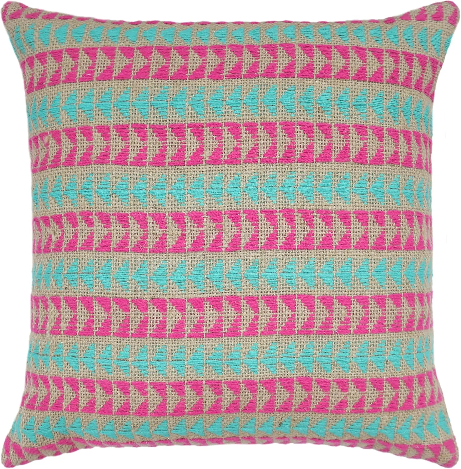 Jute, Hemp and Cotton Vibrant Double Sided Throw Pillow Cover 20x20 Inch Handwoven, Luxurious and Fashionable 1 Piece, Teal, Pink and Beige, Artisan-Support, Natural & Breathable