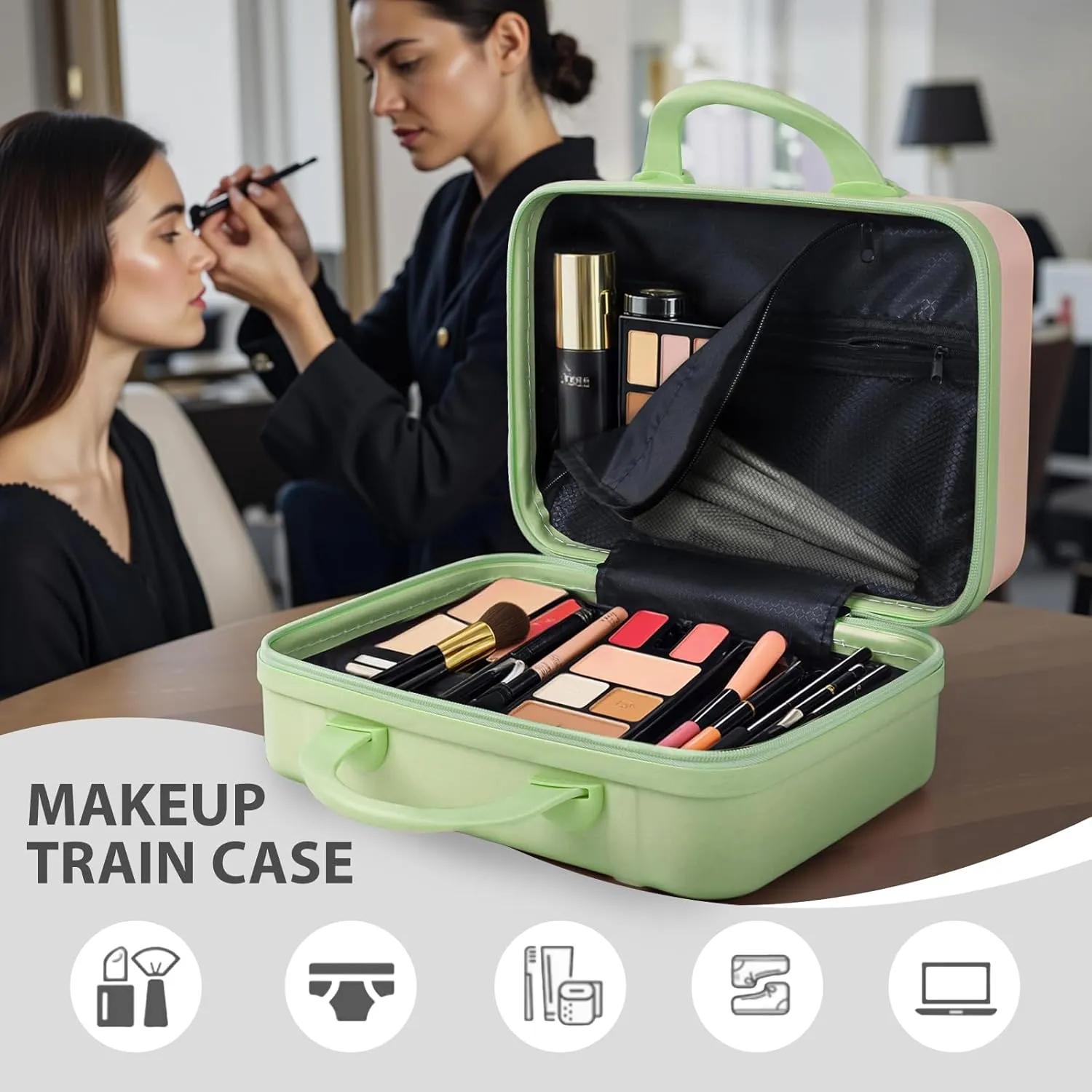 JZRSuitcase 13 Inch Hard Shell Portable Makeup Case Travel Cosmetic Organizer with Elastic Bands, Mini Carry-On ABS Toiletry Bag for Women