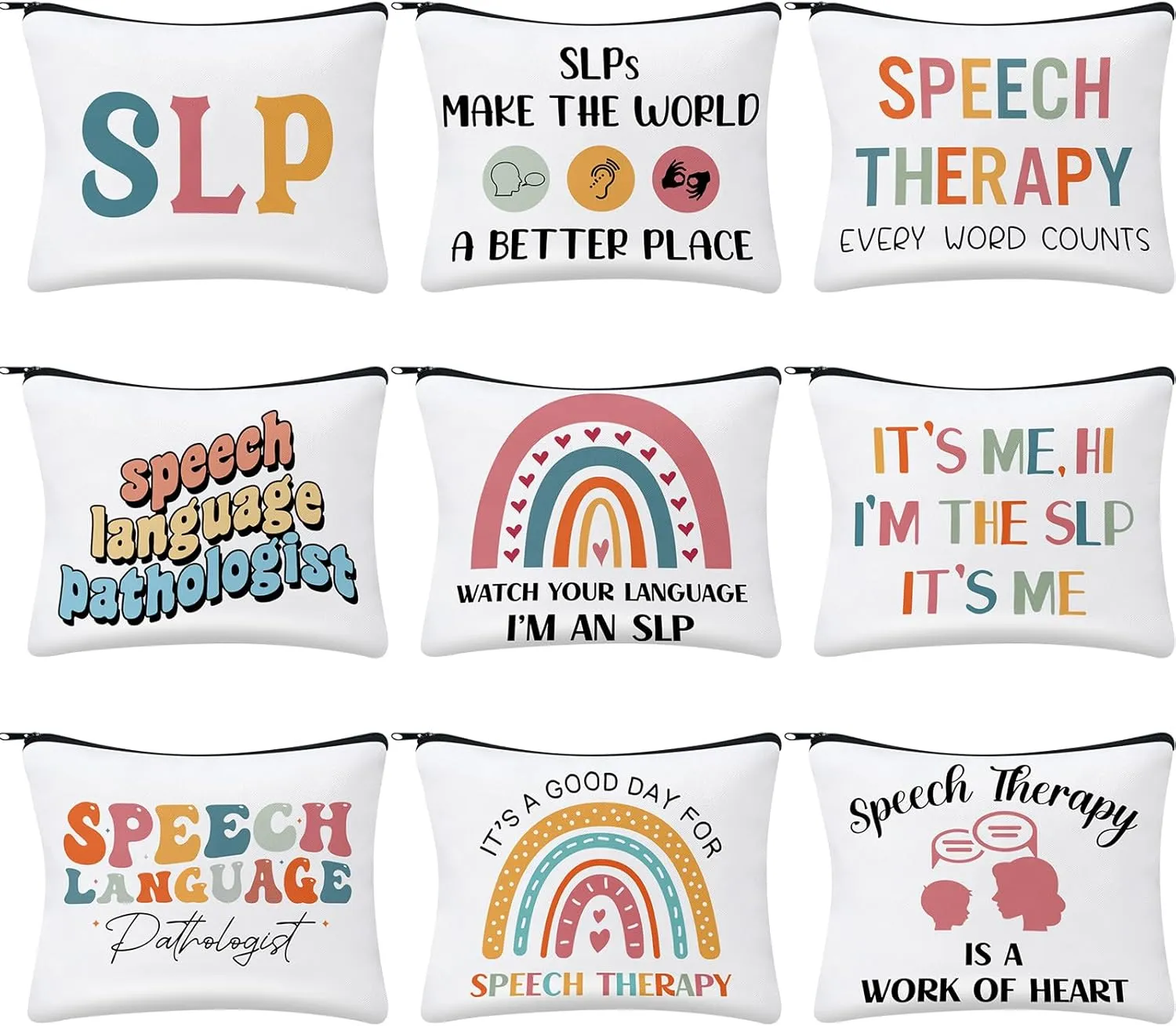 Kacctyen 9 Pcs Speech Language Pathologist Makeup Bag Slp Makeup Bag Speech Language Pathology Gift, Zipper Pouch Travel Toiletry Gifts for Women Language Therapy Teacher Friends