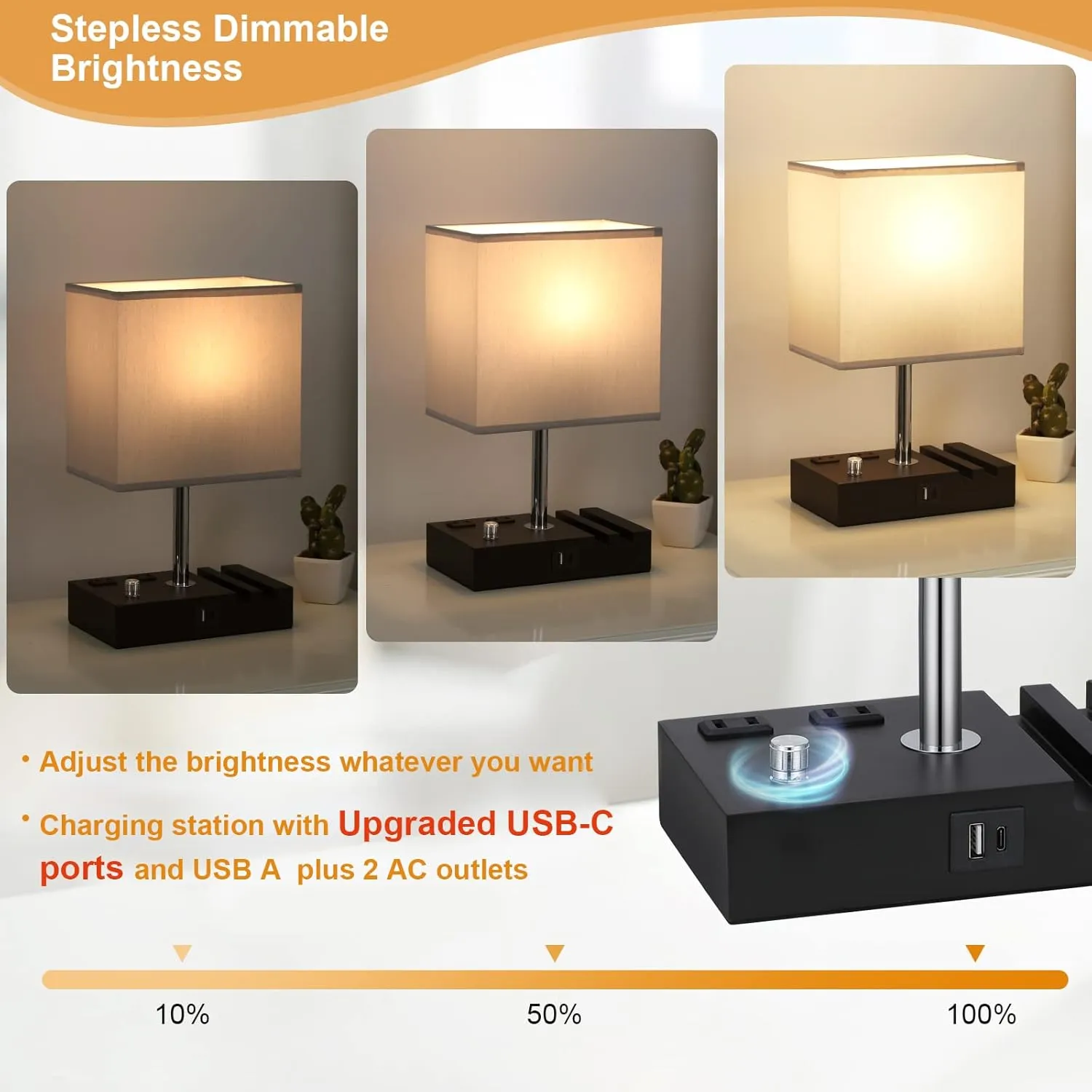Kakanuo Table Lamp for Bedroom with Dual USB Ports, Grey Fully Dimmable Bedside Lamp with Phone Stands and 2 Charging Outlets, Desk Lamp for Nightstand and Living Room, LED Bulb Included
