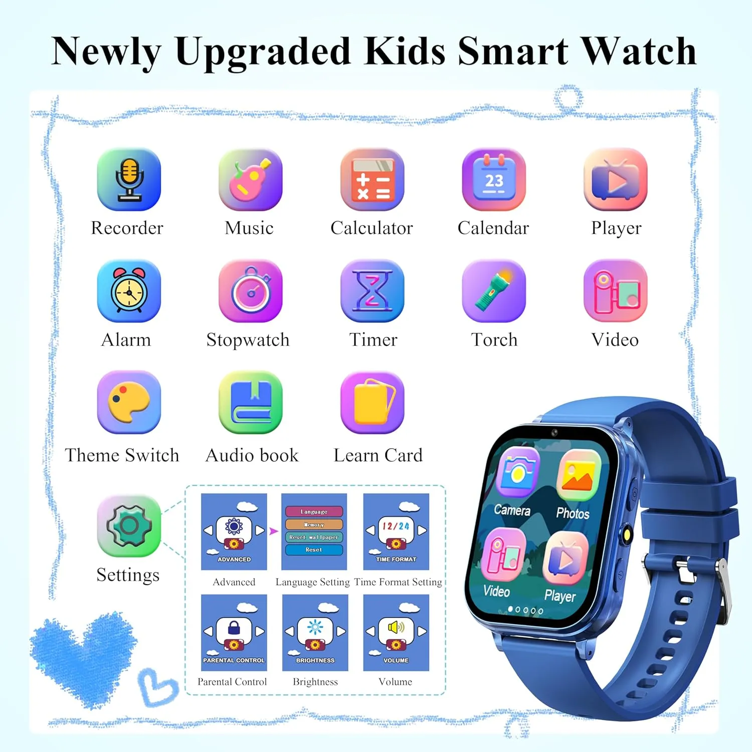 KALINCO Kids Smart Watch, No Phone Needed, Games Camera Video Pedometer Smartwatch, Music Player, Alarm, Audiostory, Torch, Step Counter, Educational Toys for Kids Age 5-12