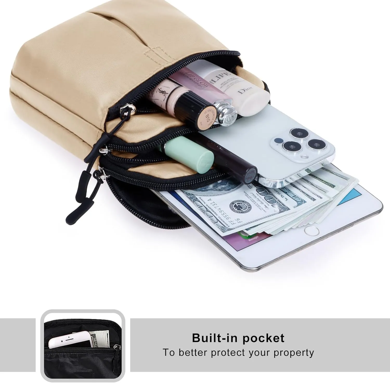 KAMO Multifunction Phone Bag One Shoulder Phone Waist Bag Diagonal Cross Bag Smart Phone Case Outdoor Bag Triple Zip Hipster Crossbody Purse for Women & Men