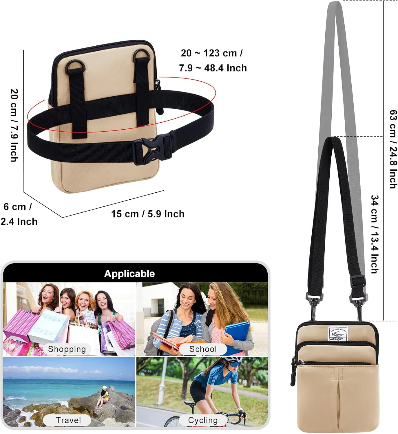 KAMO Multifunction Phone Bag One Shoulder Phone Waist Bag Diagonal Cross Bag Smart Phone Case Outdoor Bag Triple Zip Hipster Crossbody Purse for Women & Men